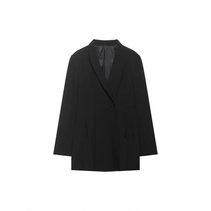 Sophisticated Black Notch Lapel Loose Mid-Length Suit Jacket for Women