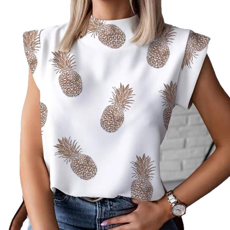 Stand up collar printed sleeveless top