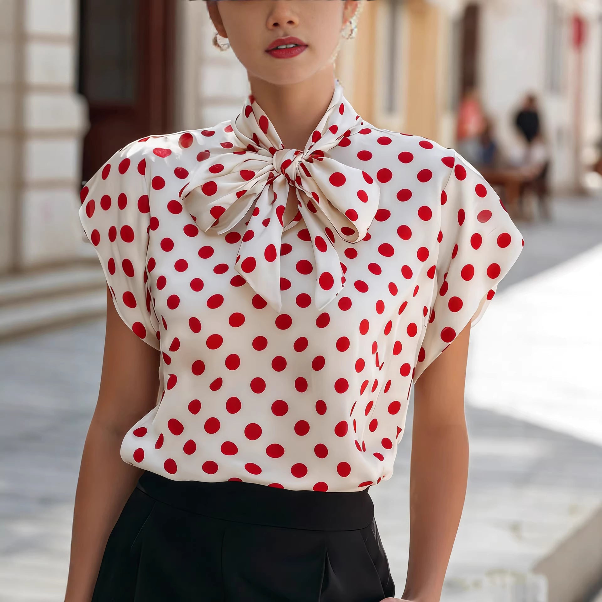 Bow collar polka dot short sleeved top
