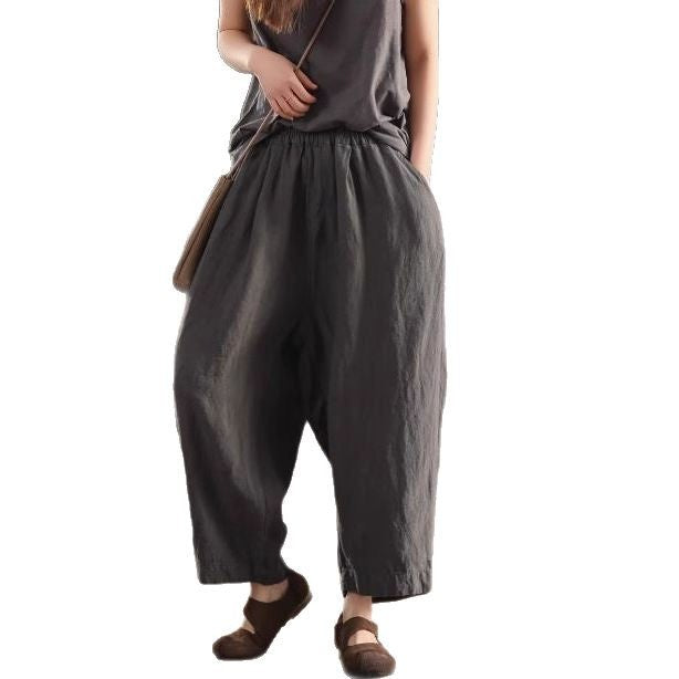 Summer New Heavy Sand-Washed Linen Vintage Color Loose Trousers Slim Literary Flare Pants Harem Pants