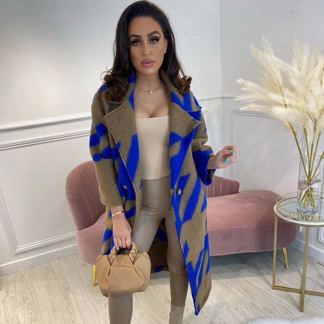 Autumn Long Sleeve Notched Lapel Printed Woolen Trench Coat for Women