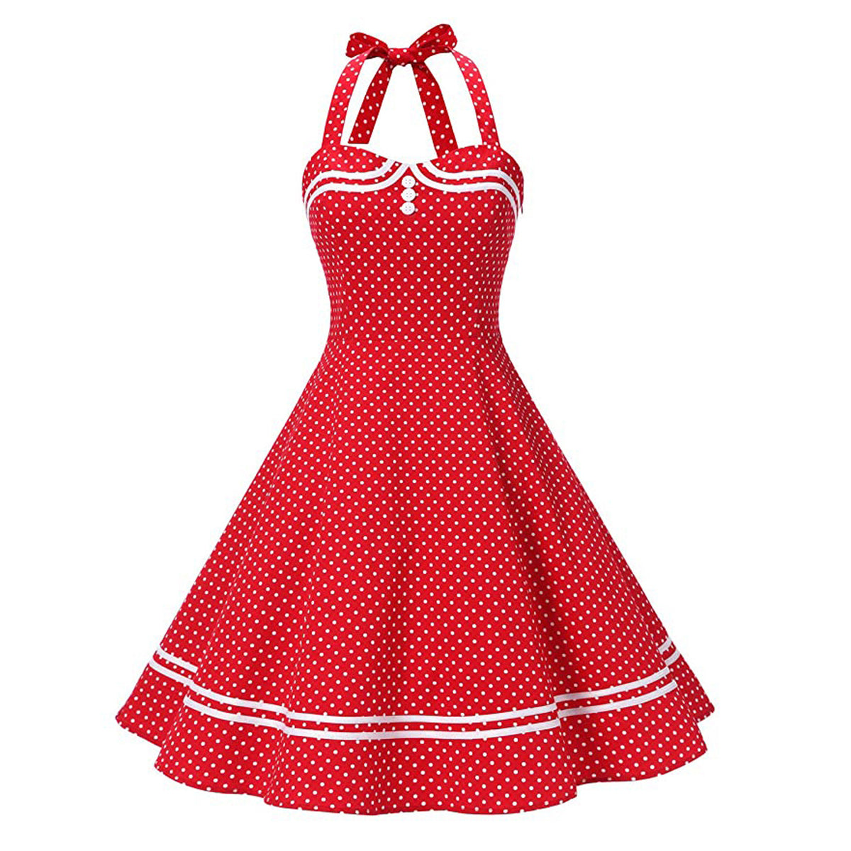Hepburn Vintage Navy Polka Dot Backless Tie-Neck Flared A-Line Cotton Dress