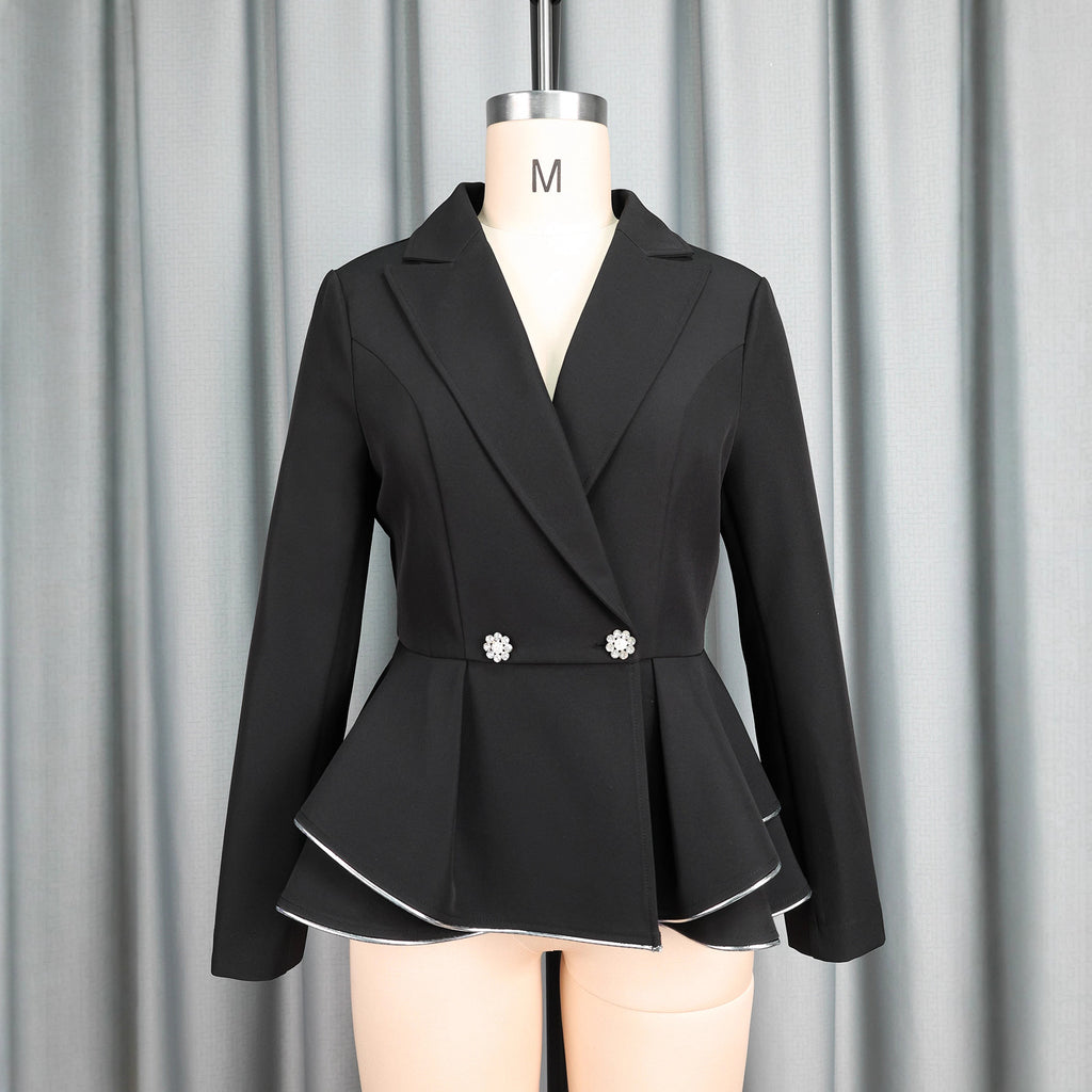 Flip collar double breasted long sleeved suit jacket