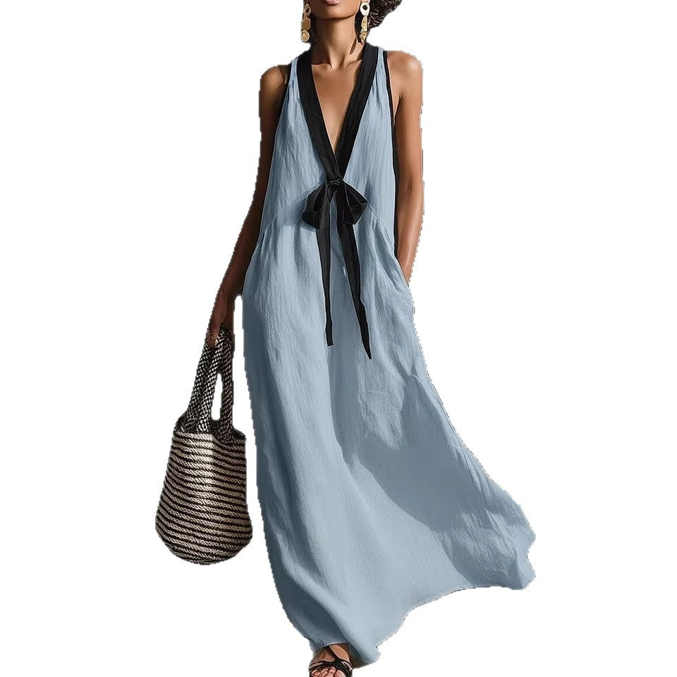 V-neck Strapless Sleeveless Resort-Style Long Simple Elegant Dress