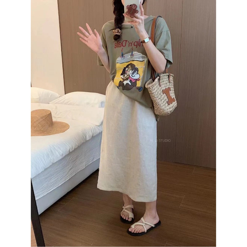 Casual Solid Color Versatile Linen Skirt for Women Elastic Waist Slimming Long Loose A-Line Skirt