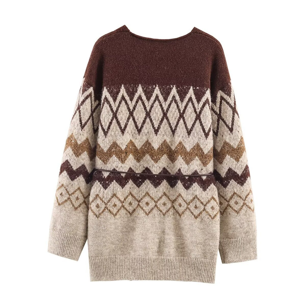 V-neck belt decoration cardigan sweater jacket for women