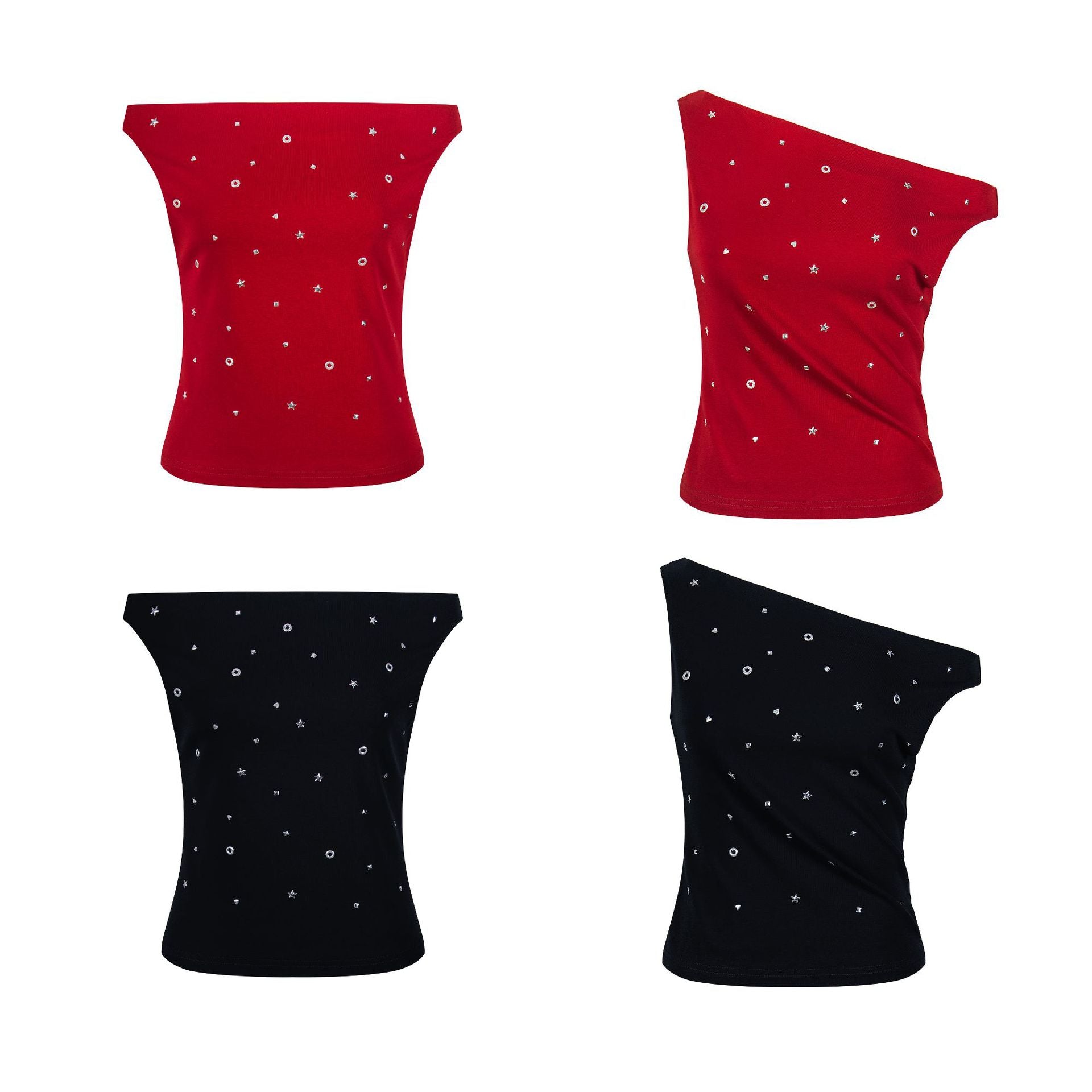 Metal Decorated Slim Fit Strapless Casual Short Sleeve Simple Solid Color Top