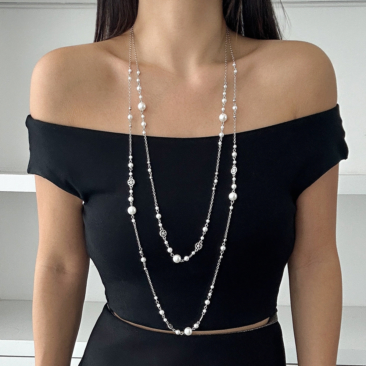 Ins style pearl bead long necklace design with multi-layered alloy collarbone chain set