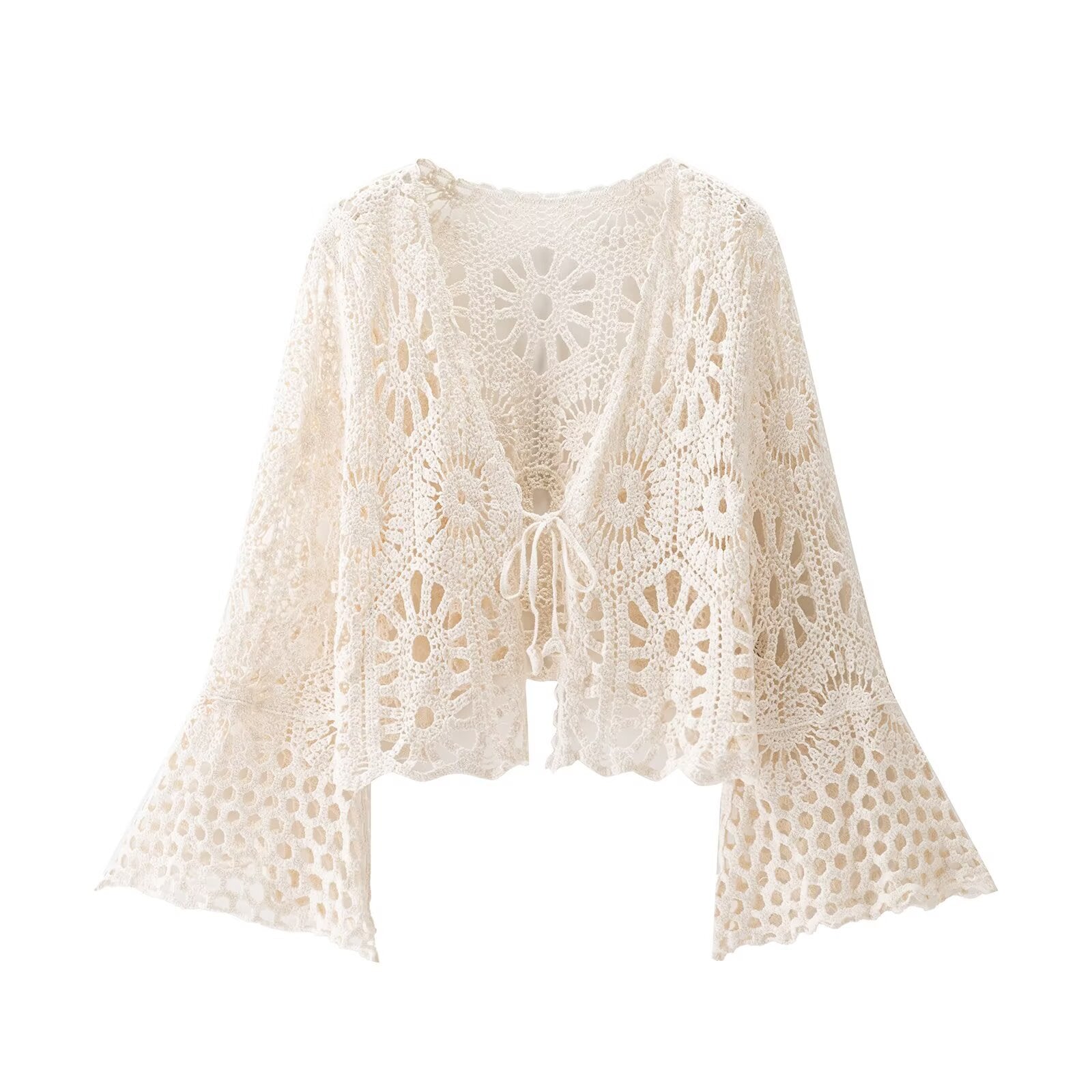 French minimalist hollowed out flared sleeve cardigan
