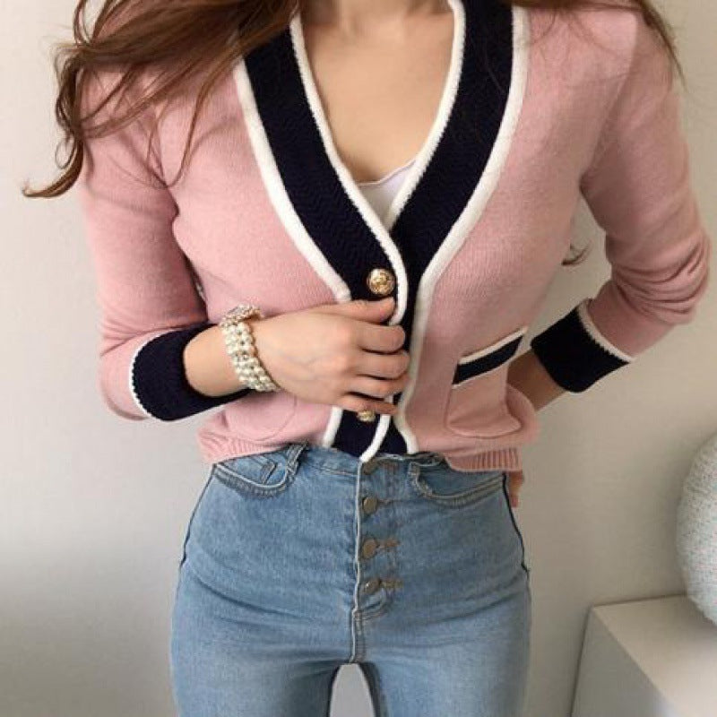 Color-Blocked V-Neck Knit Cardigan Coat for Women