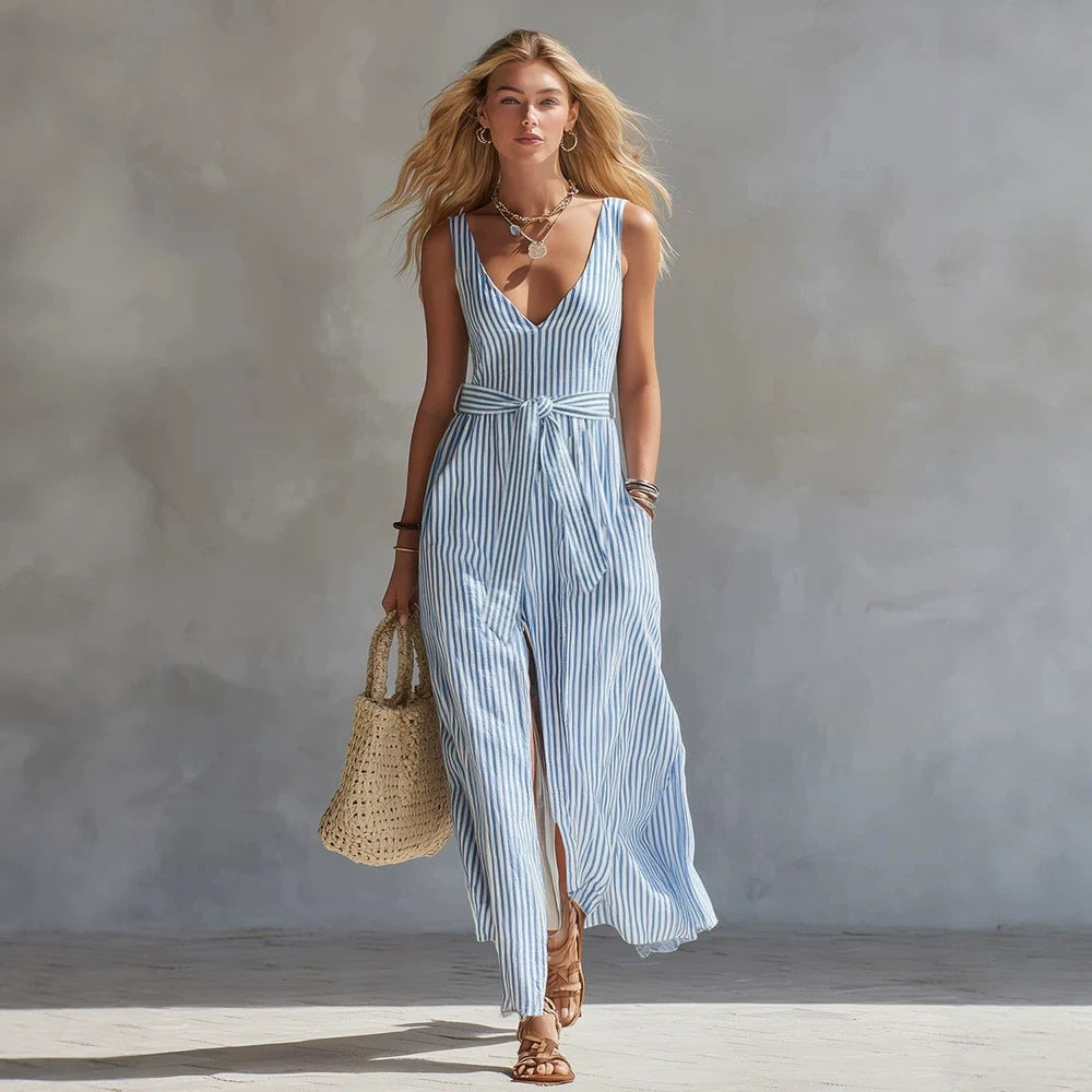 Fresh Blue and White Striped Sleeveless Long Dress with V-Neck, Waist-Tie, Side Split, Beach Dress