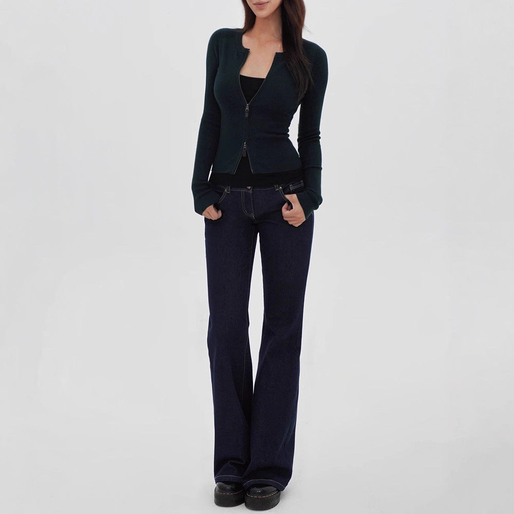Low-Waist Original Color Straight Leg Flared Denim Jeans with Stretch,  Waist-Defining Long Pants for Women