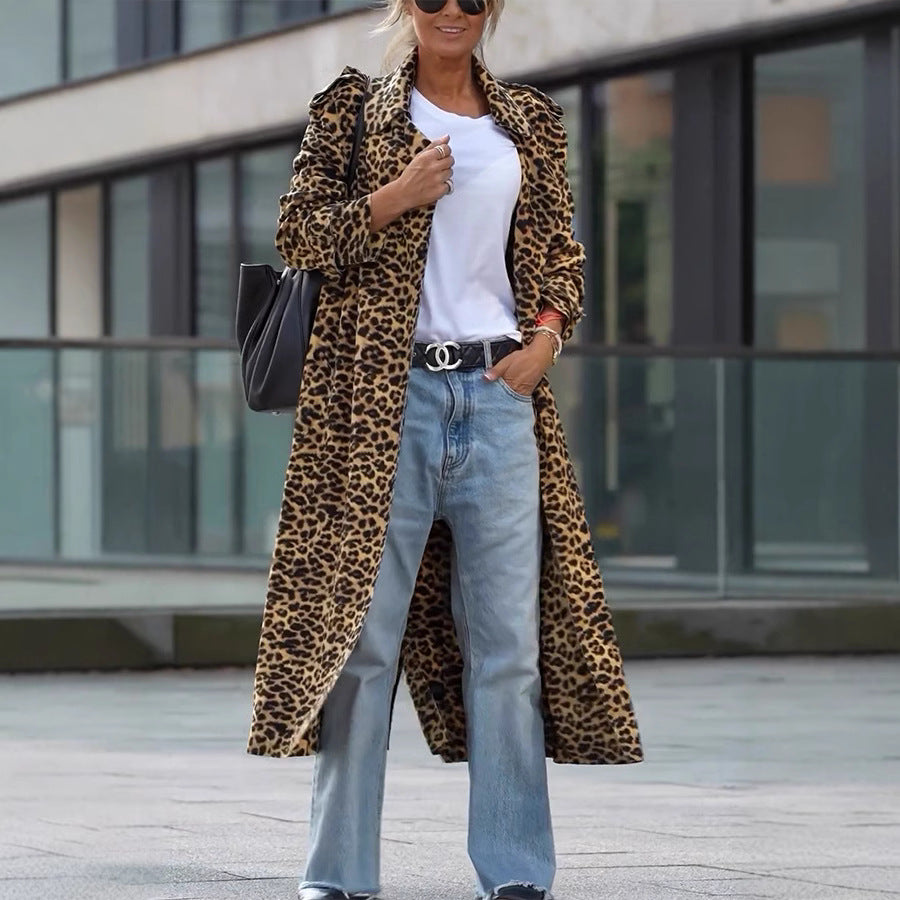 Leopard Print Flip Collar Trench Coat Loose Casual Long Sleeve Women's Outerwear