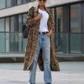Leopard Print Flip Collar Trench Coat Loose Casual Long Sleeve Women's Outerwear