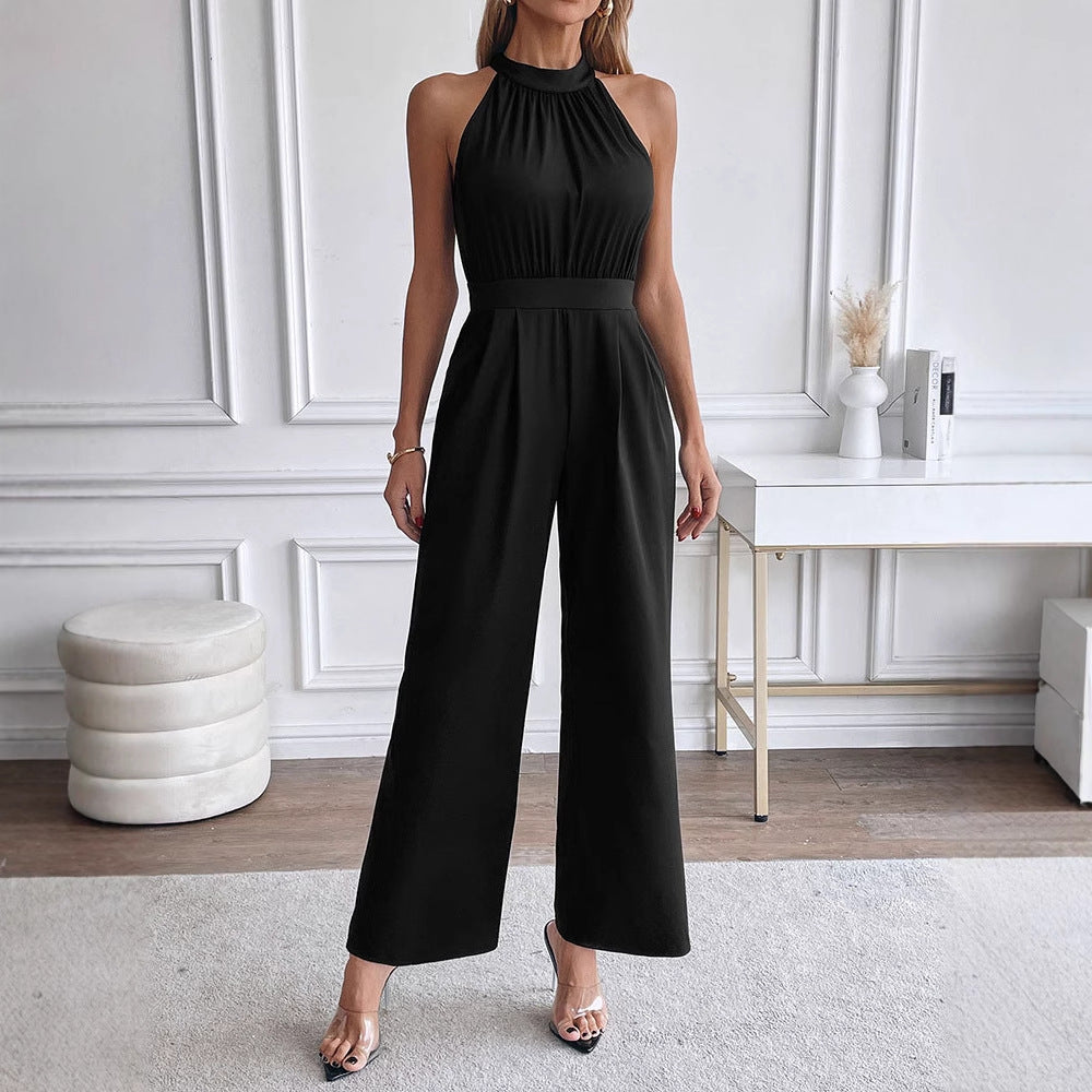 Sexy Solid Color Sleeveless Round Neck Fitted Jumpsuit for Women