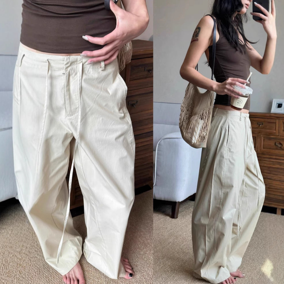 Knife-Style Casual Pants, Medium-Low Waist, Loose Straight Leg, Slimming Drawstring Cargo Trousers