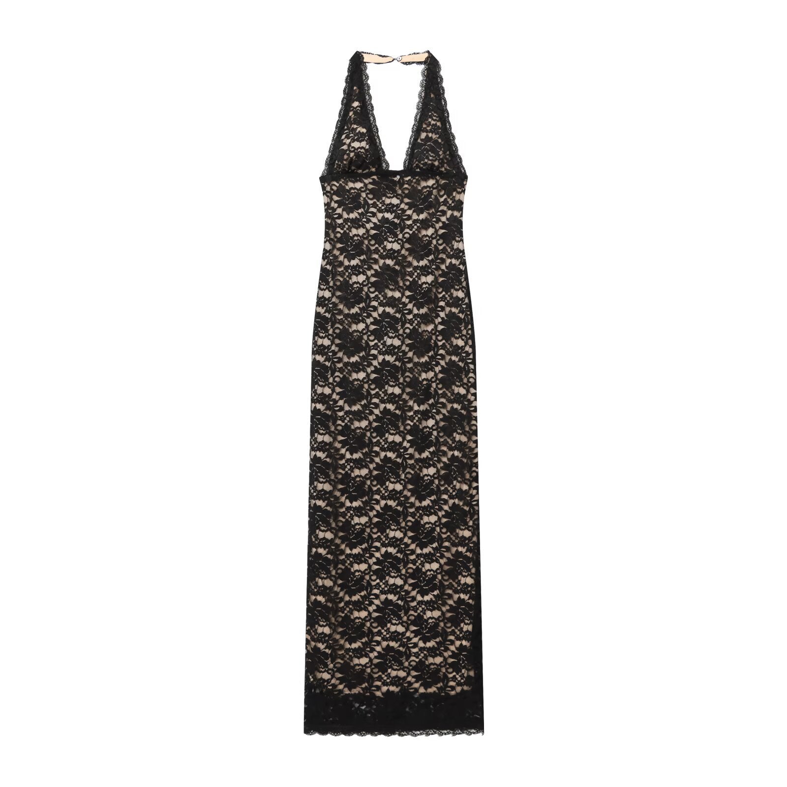 Hanging neck lace slit slim fit dress