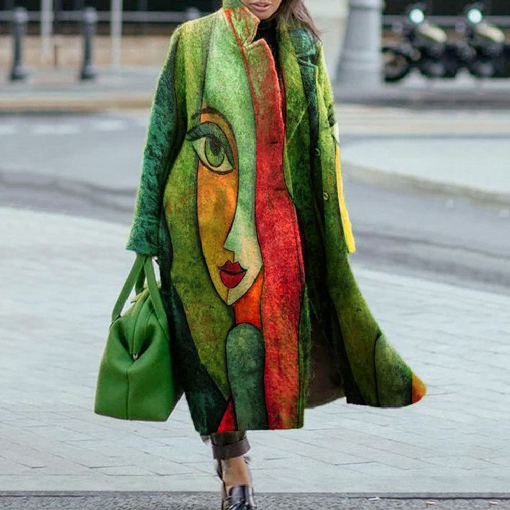 Autumn Long Sleeve Notched Lapel Printed Woolen Trench Coat for Women