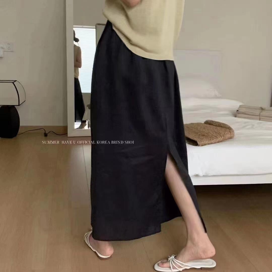 Casual Solid Color Versatile Linen Skirt for Women Elastic Waist Slimming Long Loose A-Line Skirt