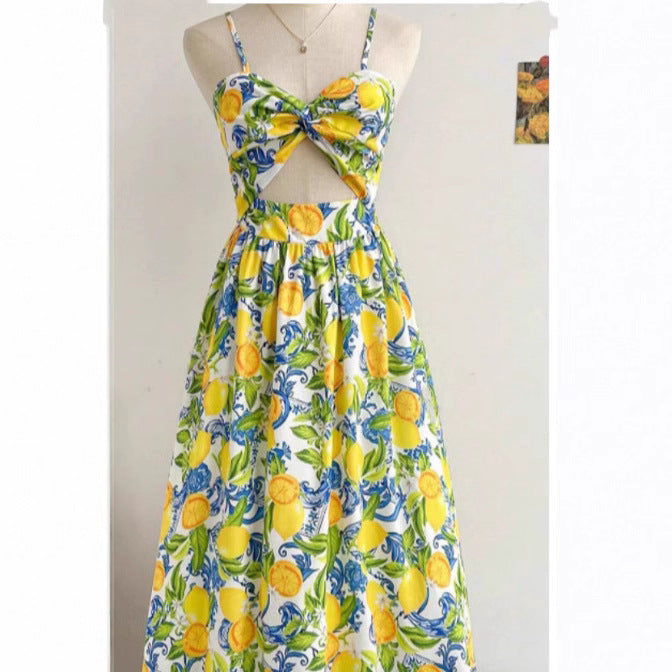 Sexy Strap Fitted Elegant Dress for Women - Vintage Print Long Dress