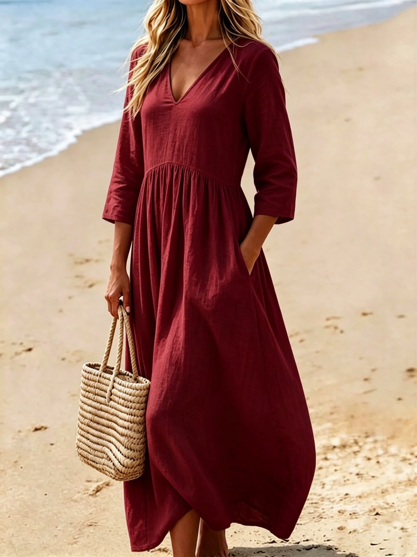 Solid color V-neck dress for women
