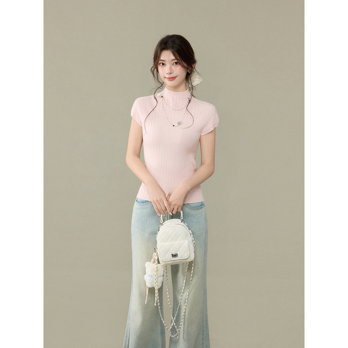 Short Sleeve Knit T-Shirt for Women, Slim Fit Sweet Style Summer Top