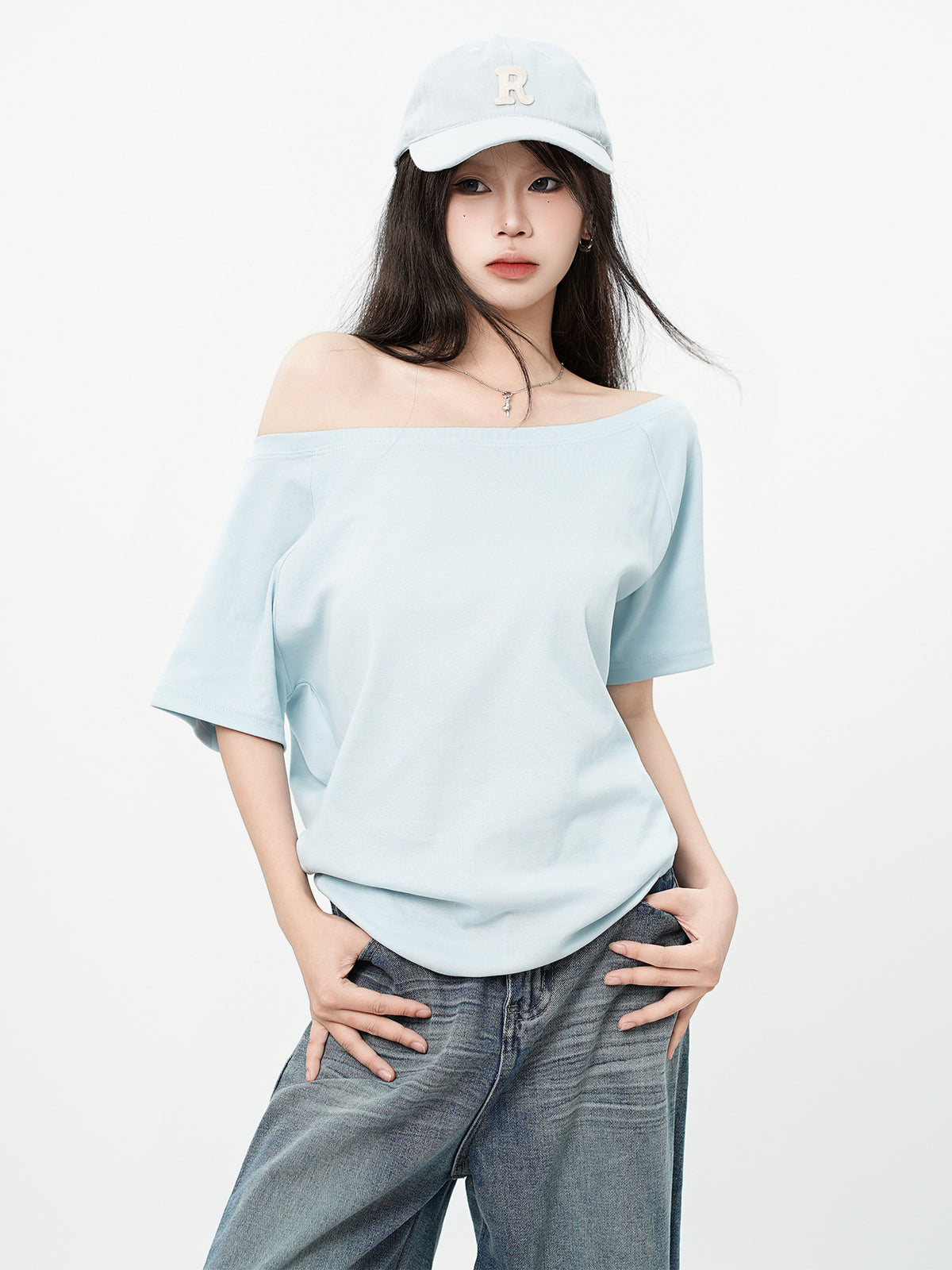One-Shoulder Asymmetrical Design Short Sleeve T-Shirt Loose Relaxed Style Top