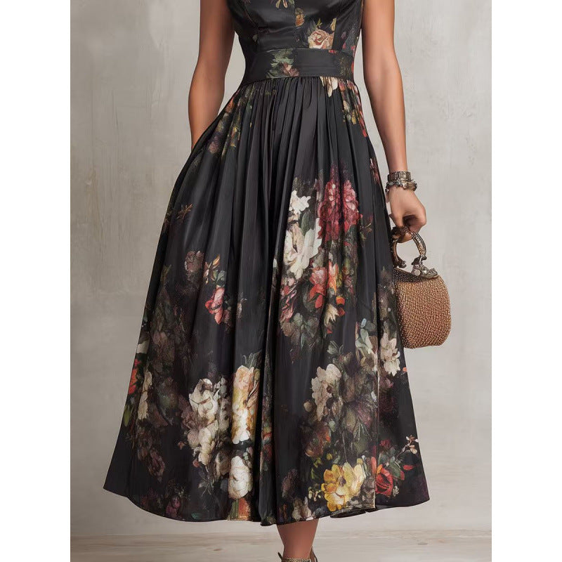 Sleeveless black three-dimensional floral print long skirt slim fit dress