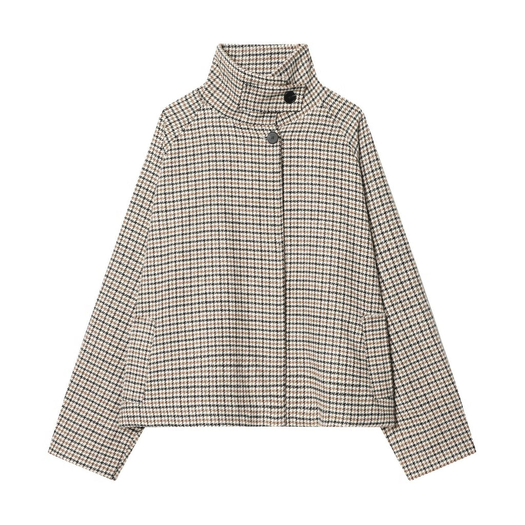 Chic Houndstooth Wool Coat for Women with Stand Collar