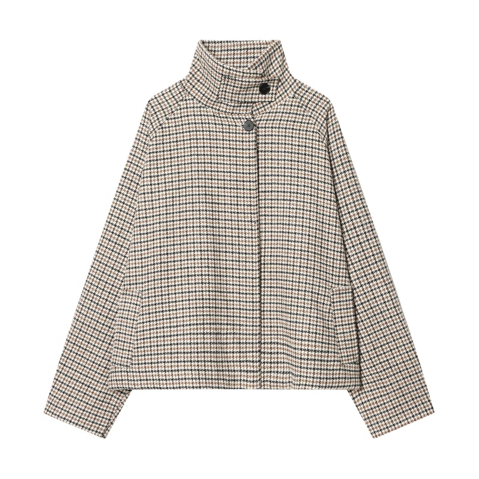 Chic Houndstooth Wool Coat for Women with Stand Collar